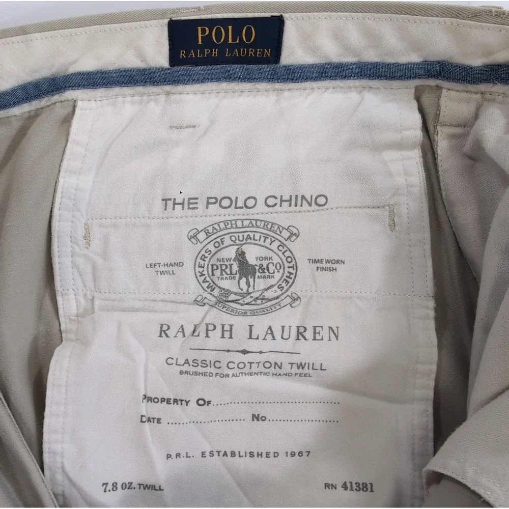 Polo Ralph Lauren Mens 38x32 Khaki Chino Pants Flat Front Cotton Twill Trousers